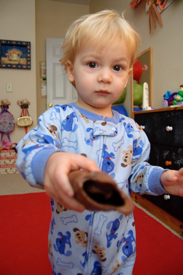 Generously sharing his half-eaten, giant chocolate Nikolaus