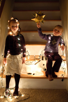 Christmas card outtake #3: Testing the light with Lewis the donkey and trying out one of Ivan's ideas