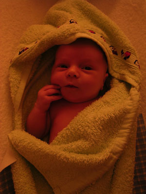 Warm and dry in her towel/hoodie (again by Tessa)